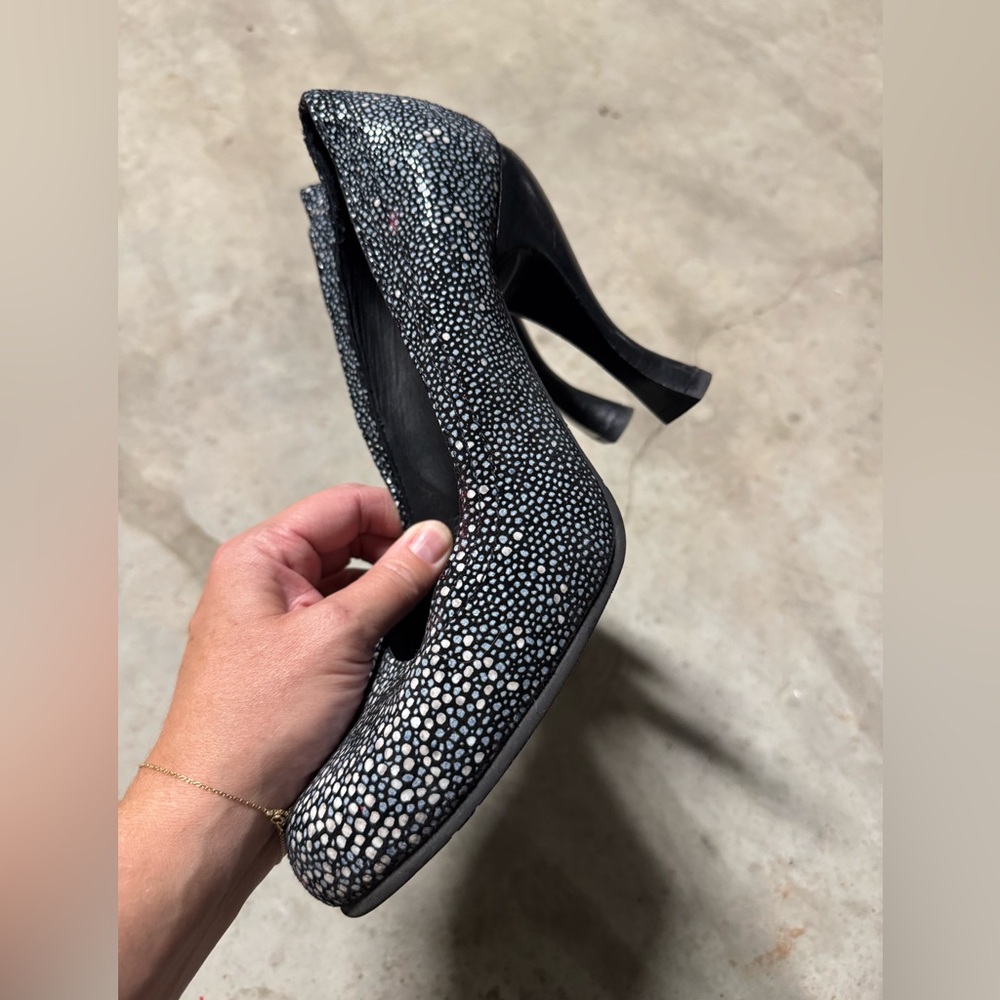 John Fluvog heels in black, blue, and white velvet pebbles